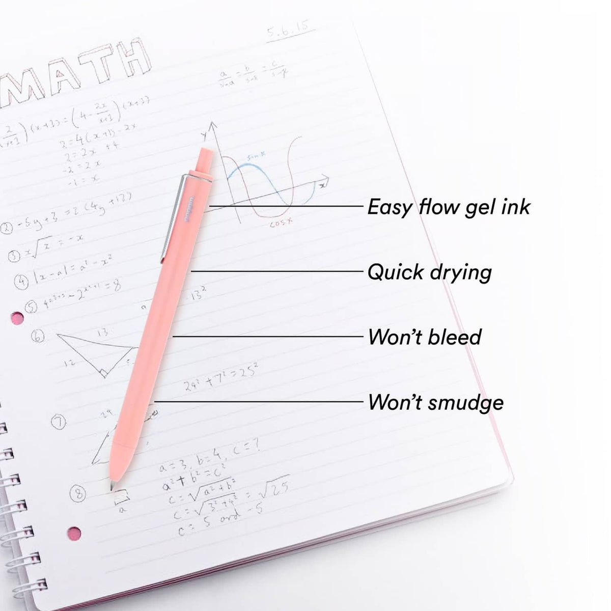 Blush pink retractable gel pen on a lined notebook page