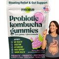 Probiotic kombucha gummy pouch with red gummies and gummy held up by a woman
