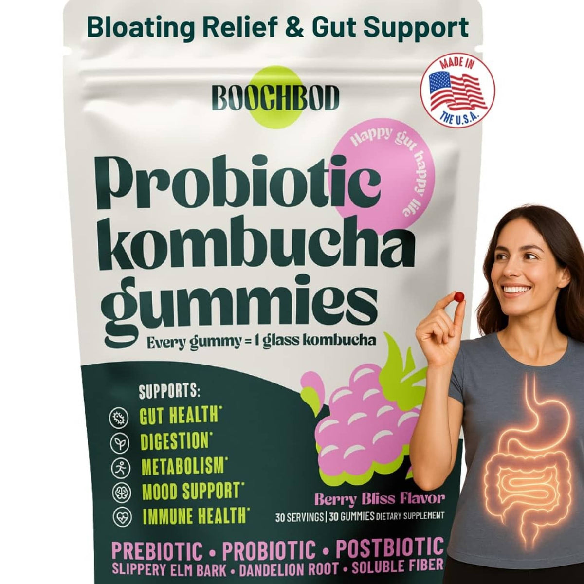 Probiotic kombucha gummy pouch with red gummies and gummy held up by a woman