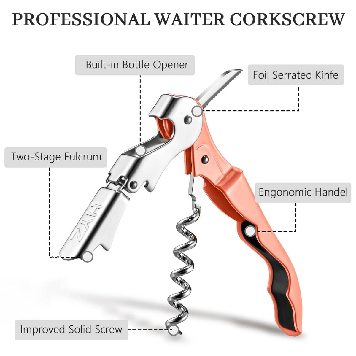 Waiter corkscrew wine opener with foil serrated knife, built-in bottle opener