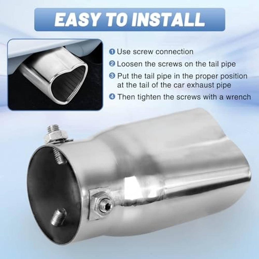 Stainless steel exhaust tip with threaded inlet and mounting screws, polished silver finish.