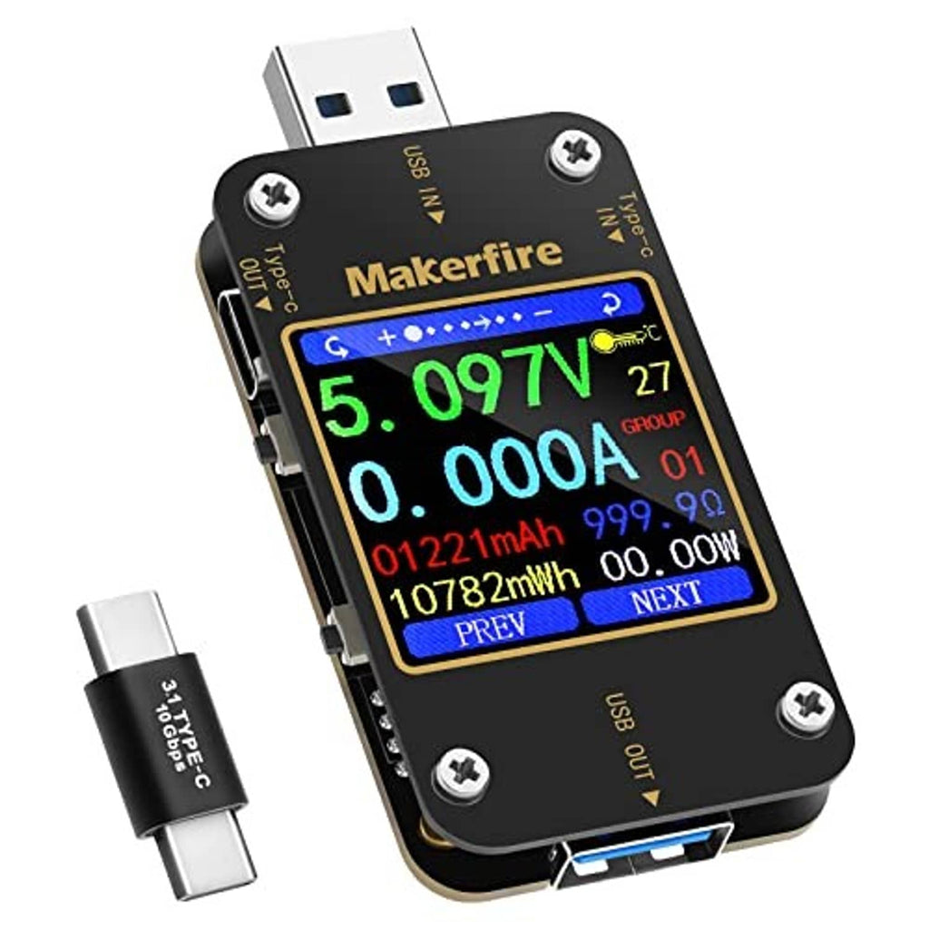 Black USB voltage tester with color LCD and attached USB and adapter dongles