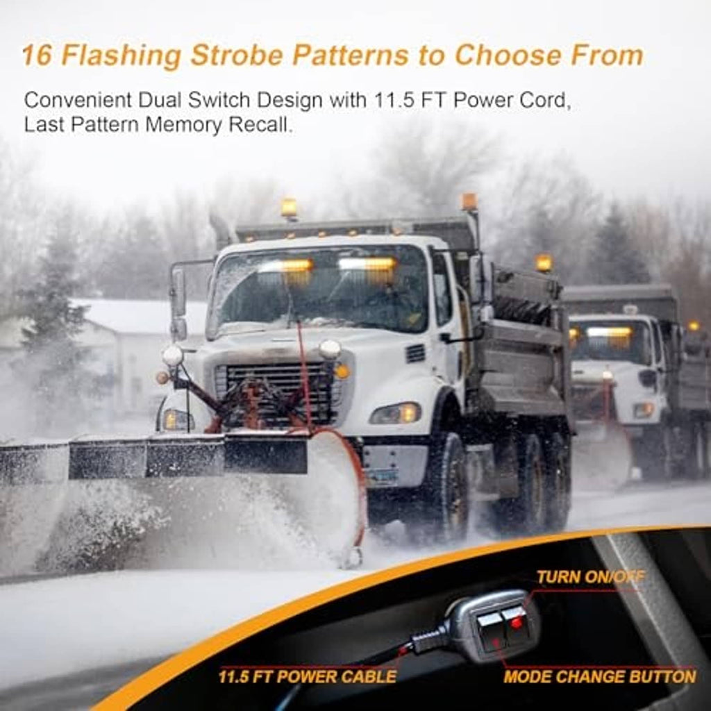 Amber LED emergency strobe light bar installed on a snowplow vehicle