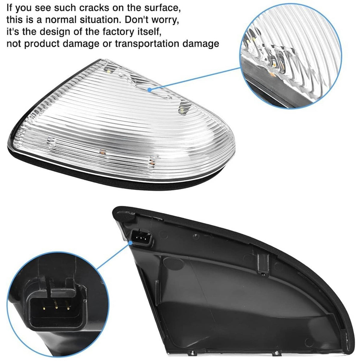 Passenger-side mirror glass assembly with clear lens and black housing, includes connector