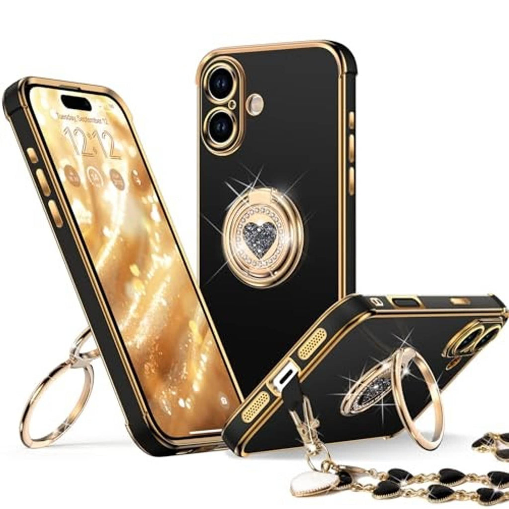 Black phone case with gold ring kickstand, camera cutouts, and matching wrist strap