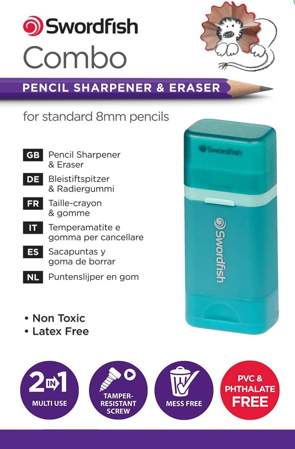Turquoise pencil sharpener and eraser combo in clear mess-free canister by Swordfish