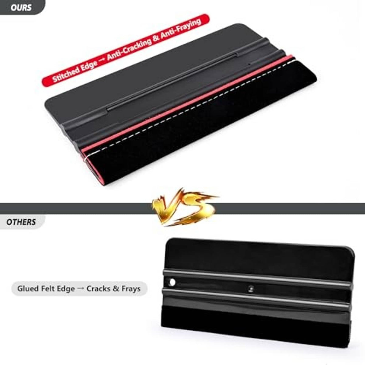 Two black 6-inch stitched edge squeegees shown with anti-fraying and anti-crack design