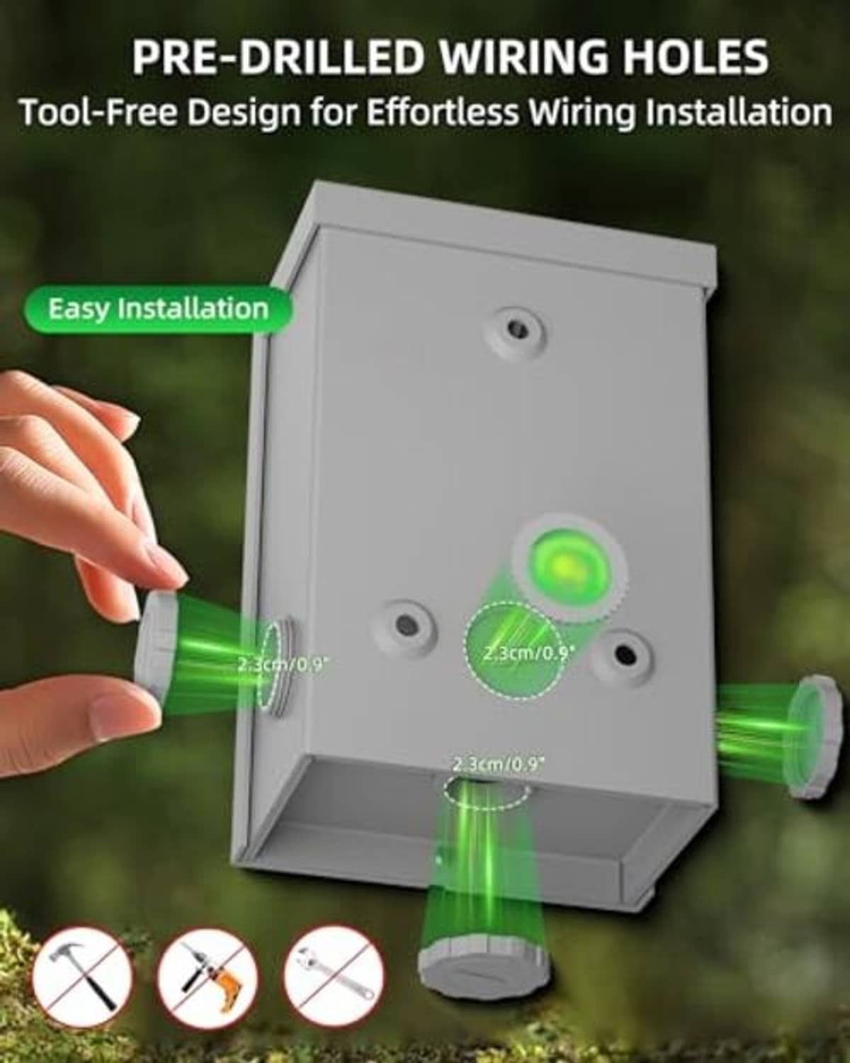 Gray inlet box with pre-drilled wiring holes and tool-free installation design