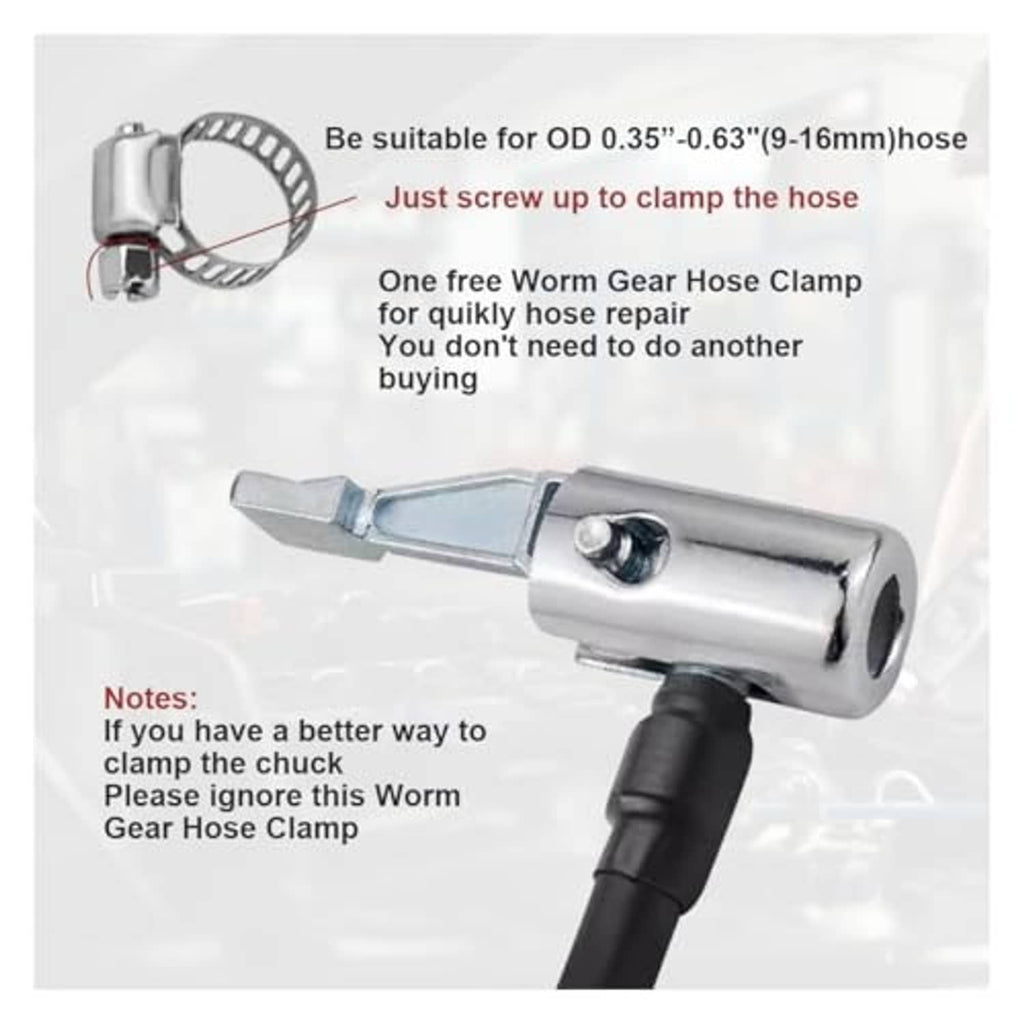 Metal air chuck with included worm gear hose clamp for secure hose connection