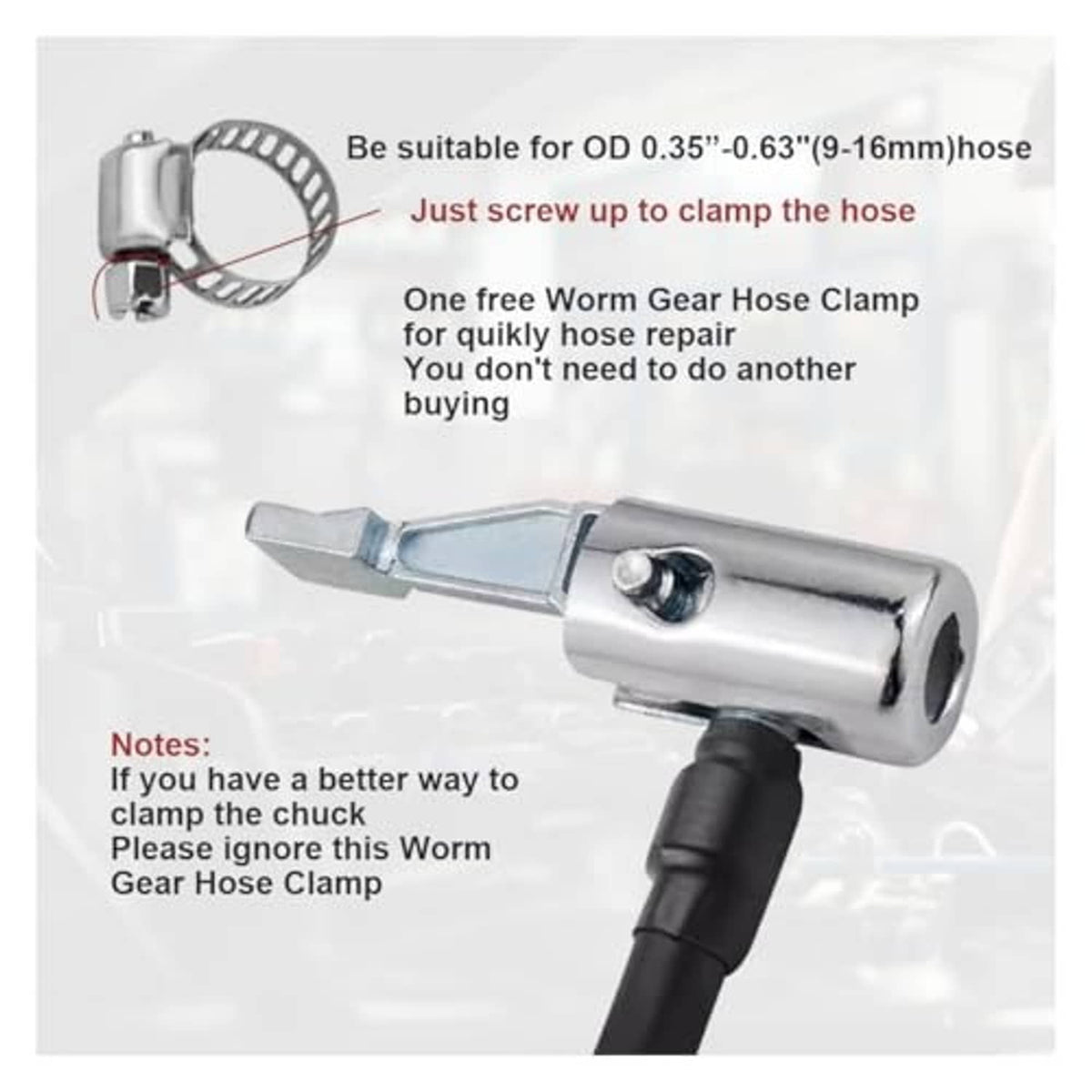 Metal air chuck with included worm gear hose clamp for secure hose connection