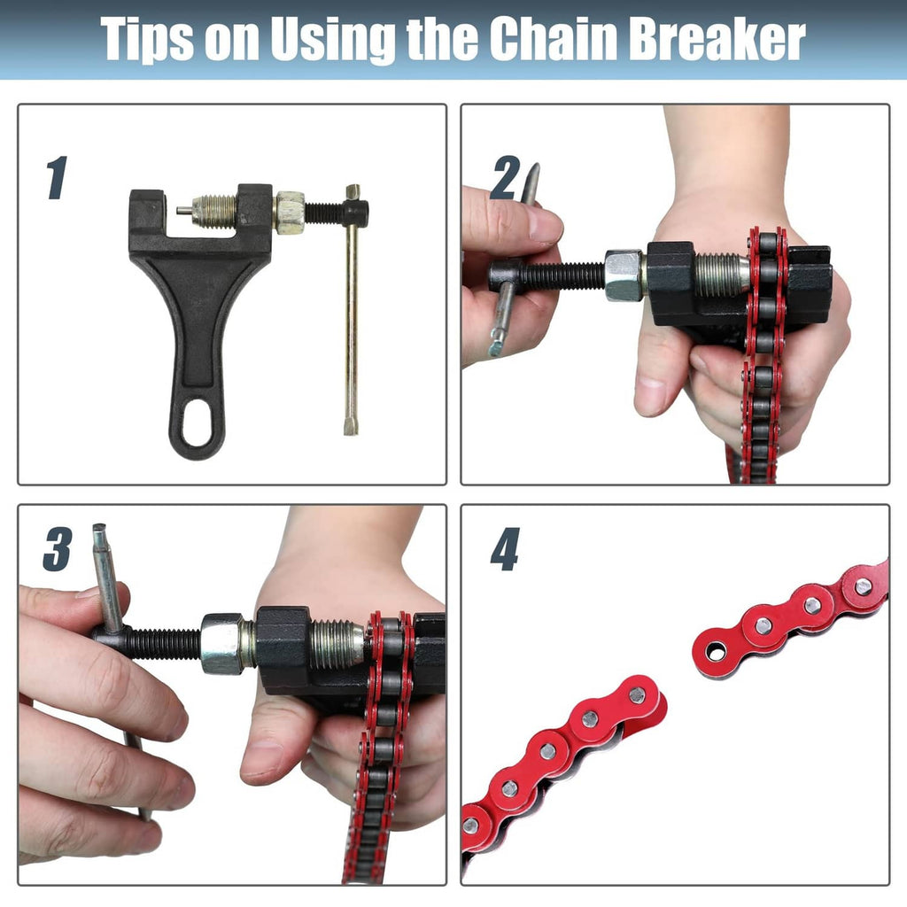 Chain breaker tool steps shown with red 420 chain sections and breaker handle