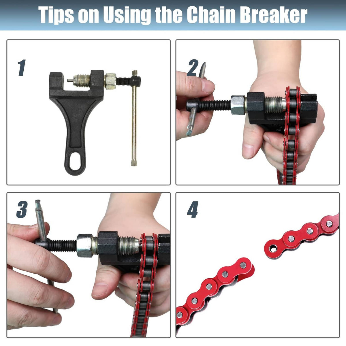 Chain breaker tool steps shown with red 420 chain sections and breaker handle