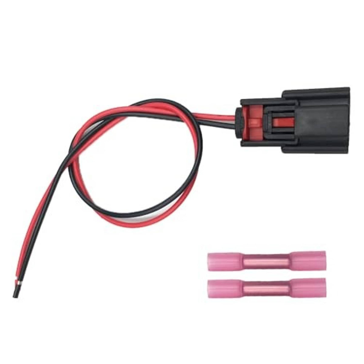 Fog light wiring harness plug with exposed red and black wire leads and two terminal sleeves