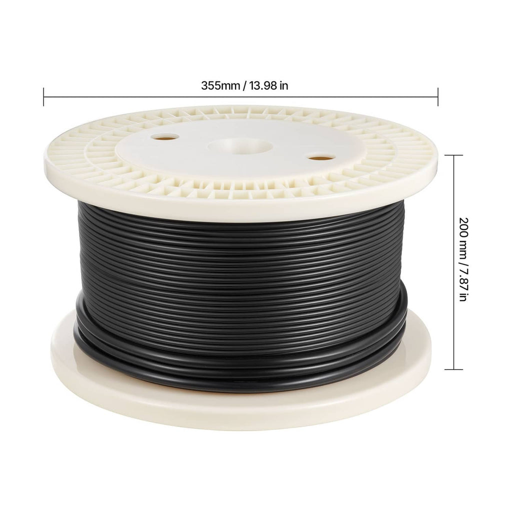Coiled black electric heating cable on a white spool with size markings