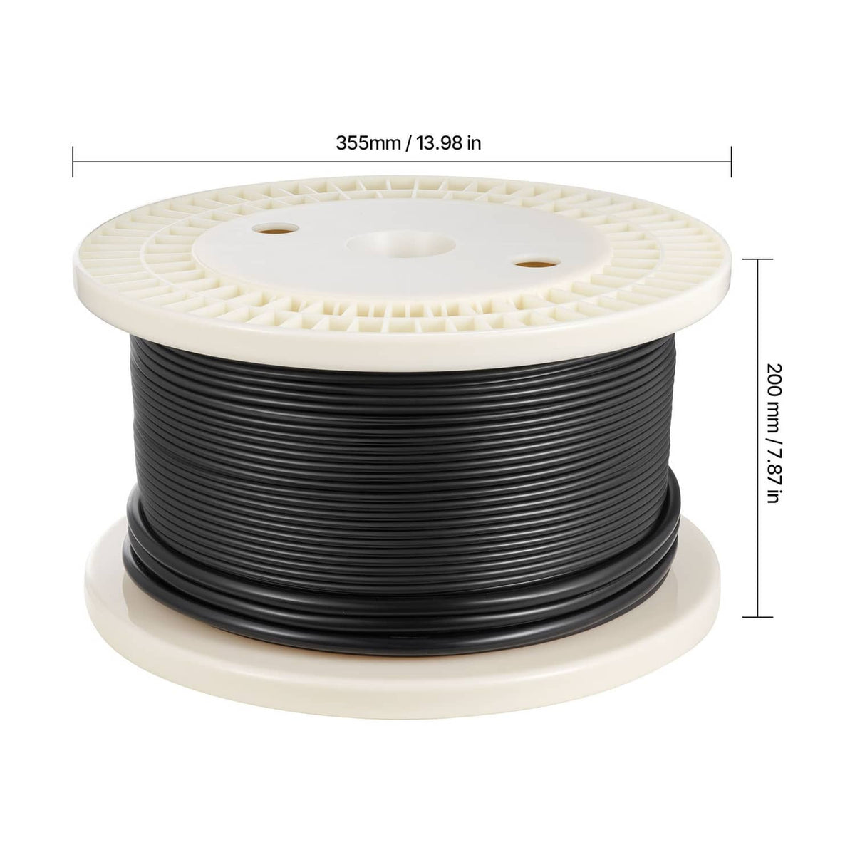 Coiled black electric heating cable on a white spool with size markings