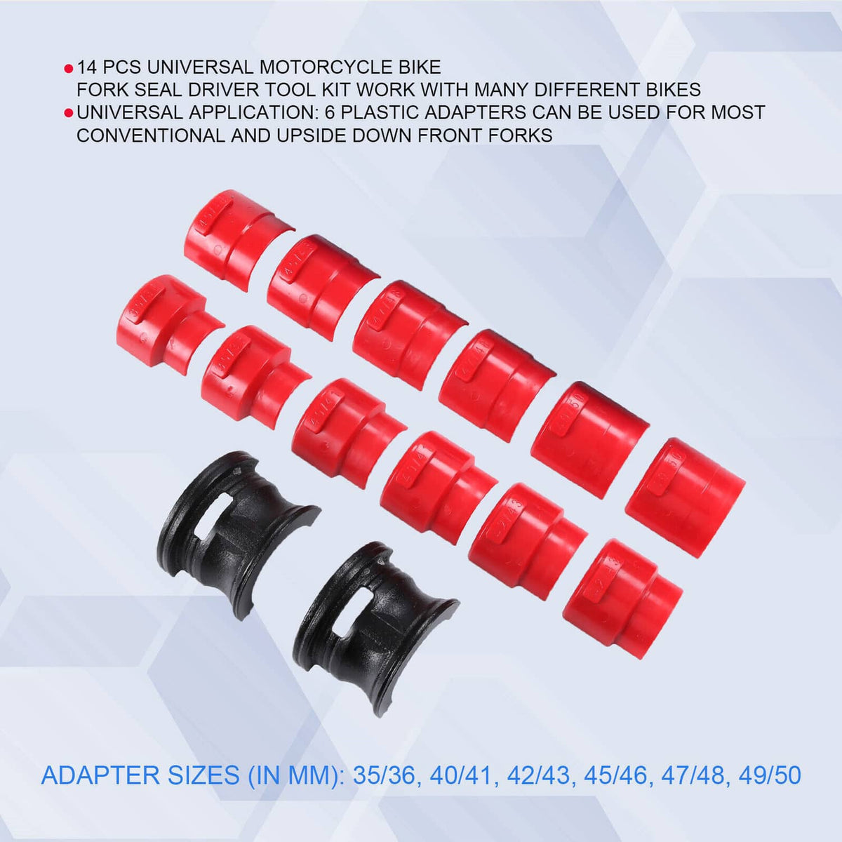Motorcycle fork seal driver kit with red adapter sizes and two black driver rings