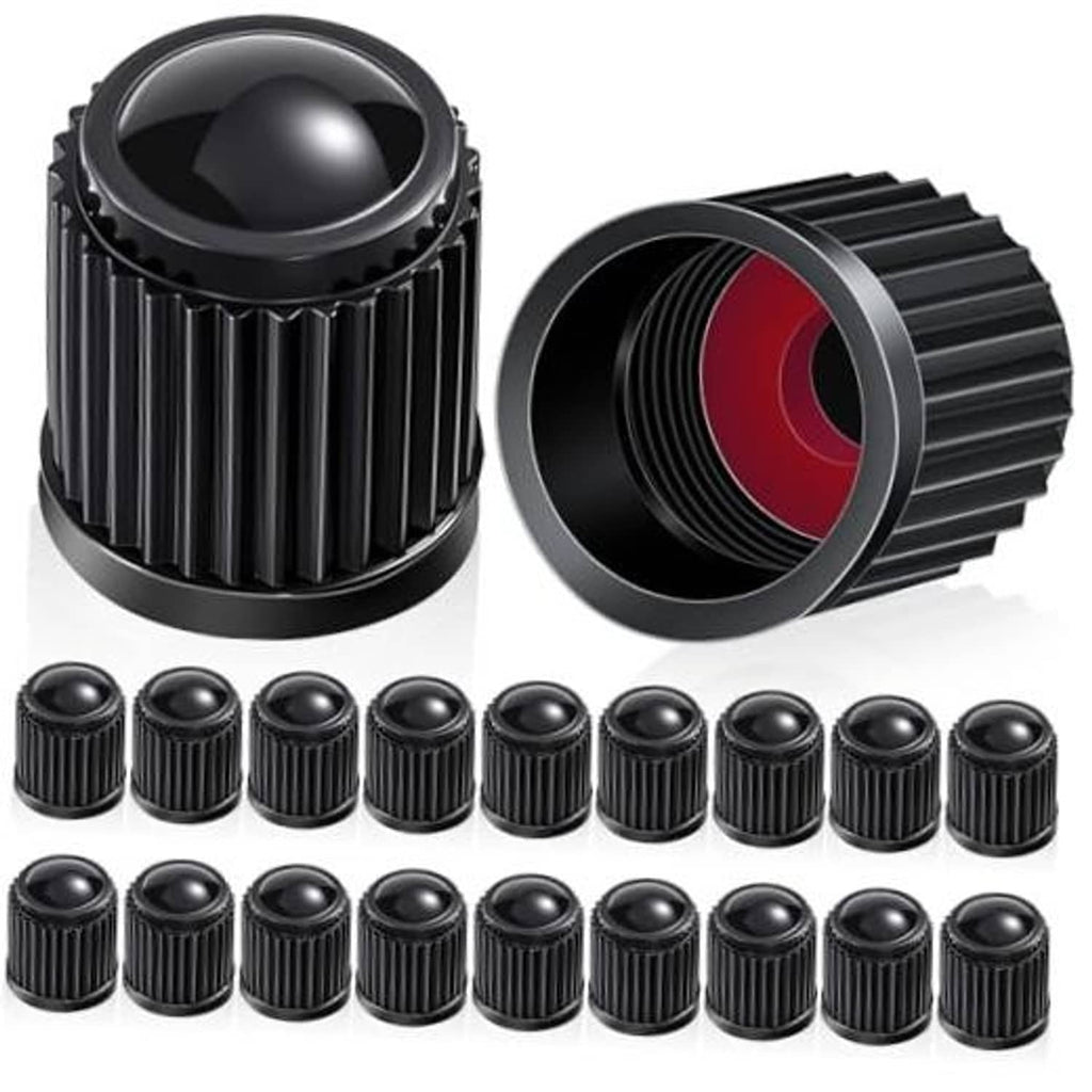 Set of 20 black plastic universal tire valve stem caps with ribbed grip design