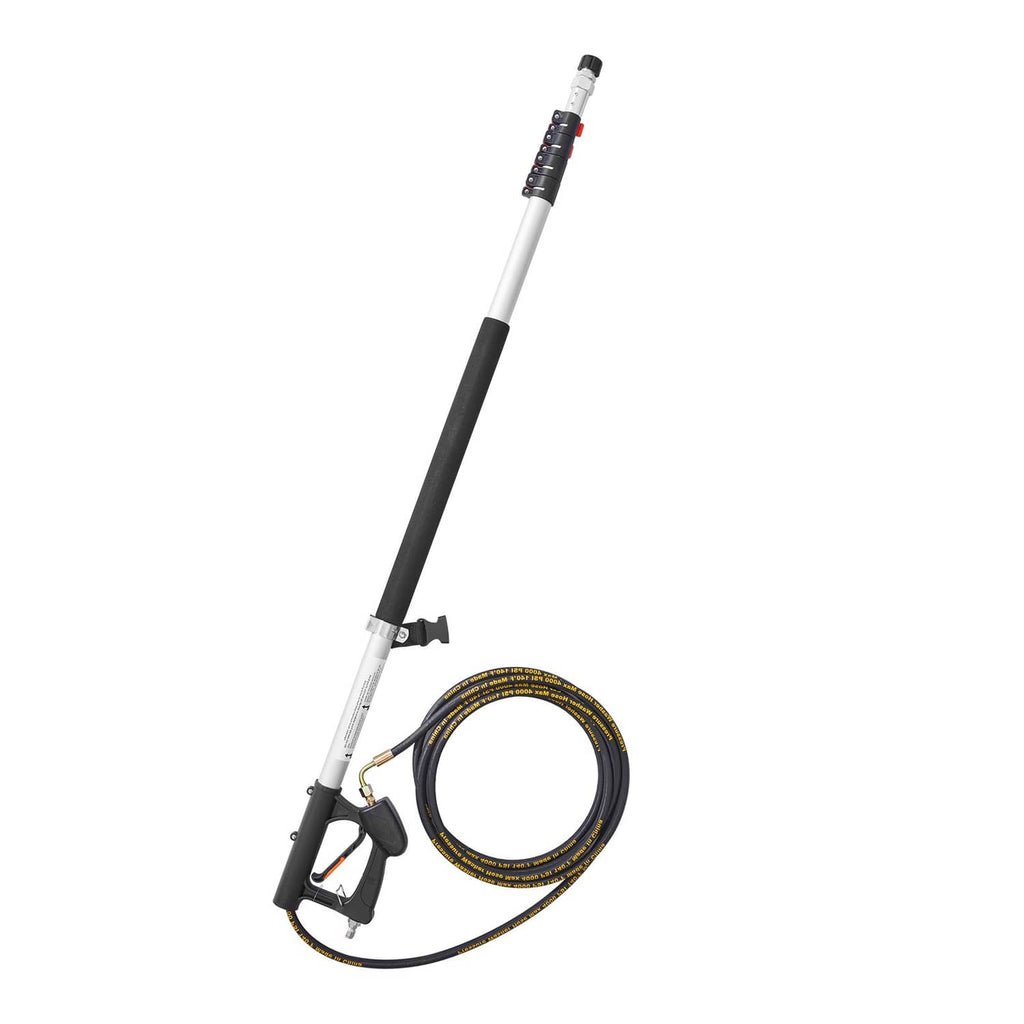 Telescoping pressure washer wand with coiled hose and yellow spray tips