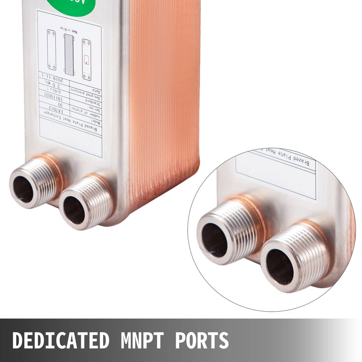 Brazed plate heat exchanger showing dual 3/4" MPT ports and side label area