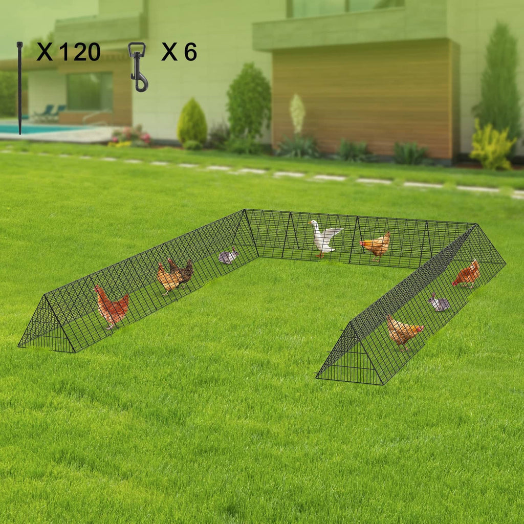 Outdoor chicken tunnel set on grass with black wire mesh enclosure and small stakes