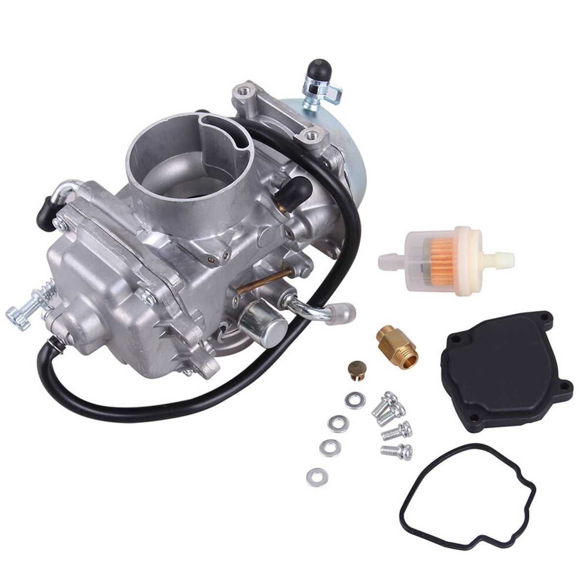 Carburetor and fuel pump kit with metal body, fuel filter, gaskets, and fasteners