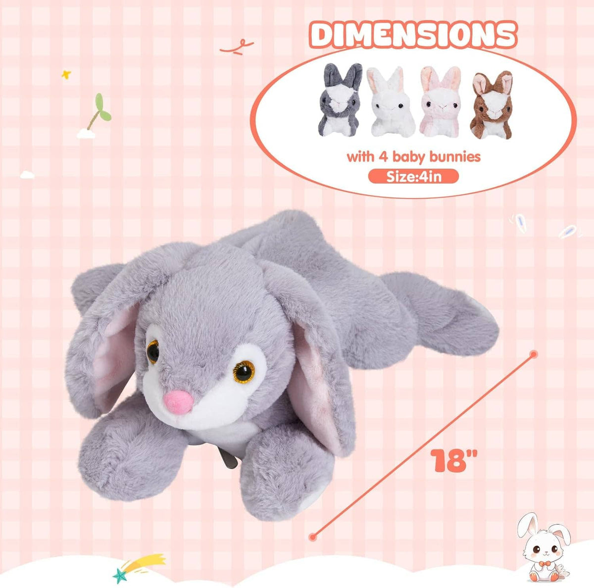 Gray 18-inch bunny plush with four baby rabbits, 5-piece stuffed set