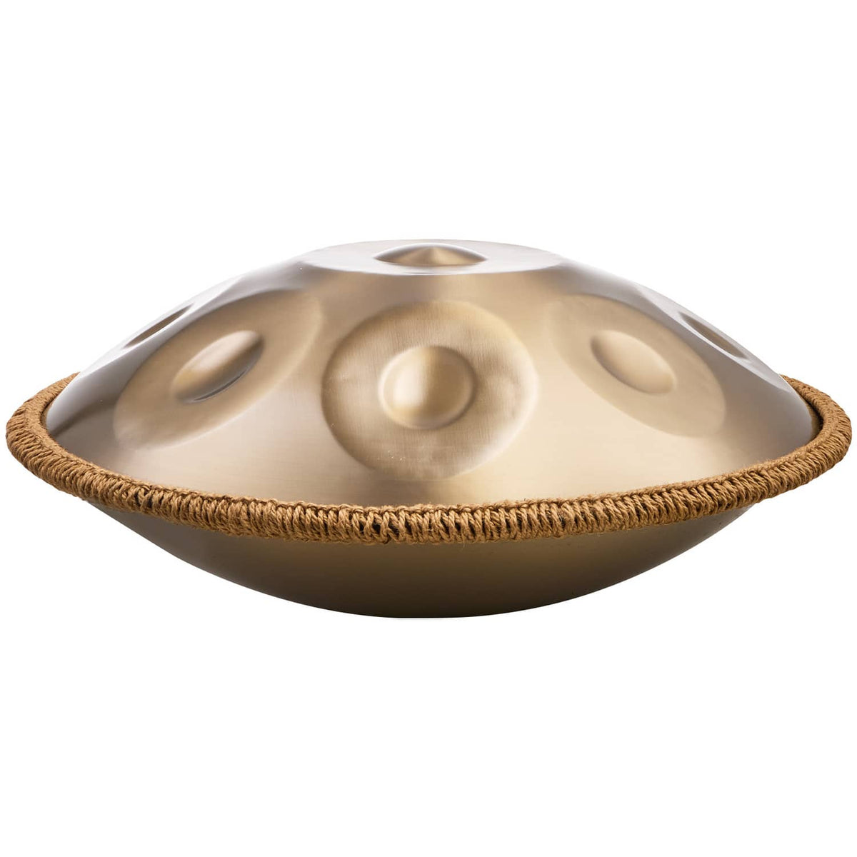 Gold handpan drum with center note dome and rope trim