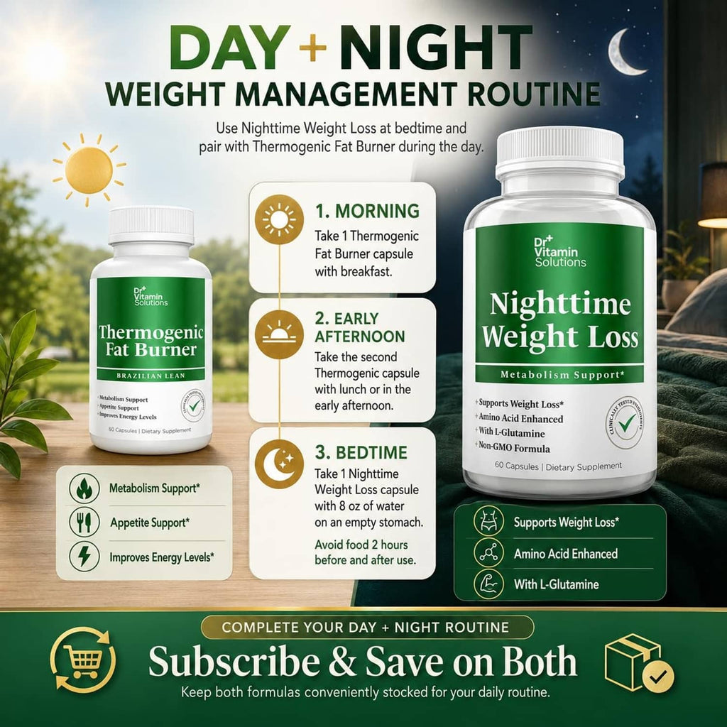 Day + night weight management routine graphic featuring Nighttime weight loss bottle