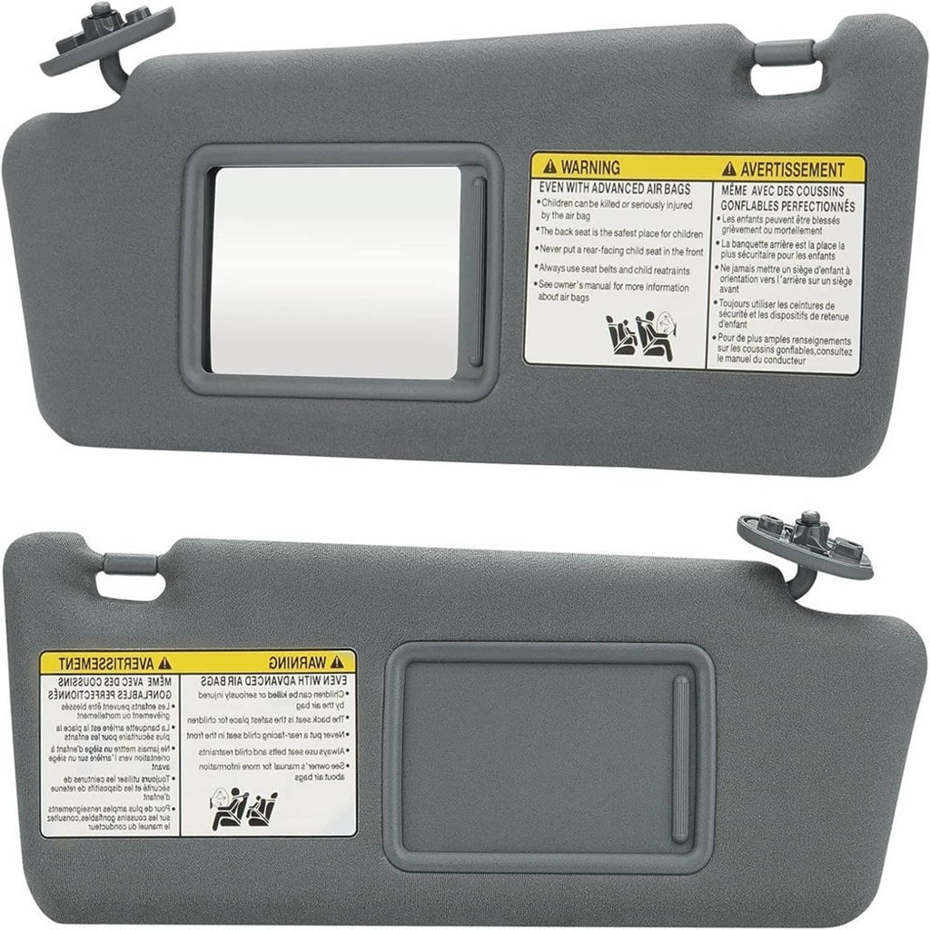 Gray sun visor pair with large rectangular panel and caution label stickers