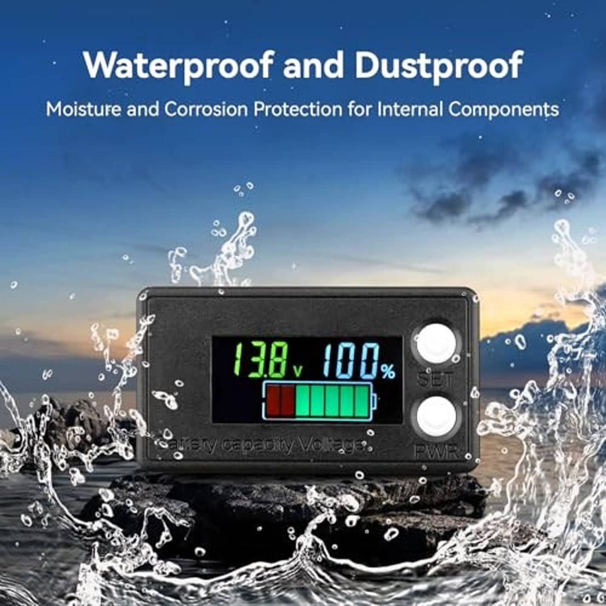 Black battery monitor with LCD showing 13.8V, 100% and two round side buttons
