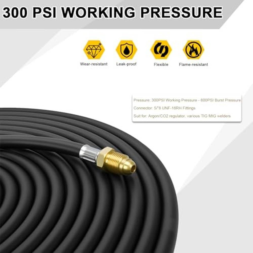 Black coiled welding gas hose with brass male connector and 5/8 in ends