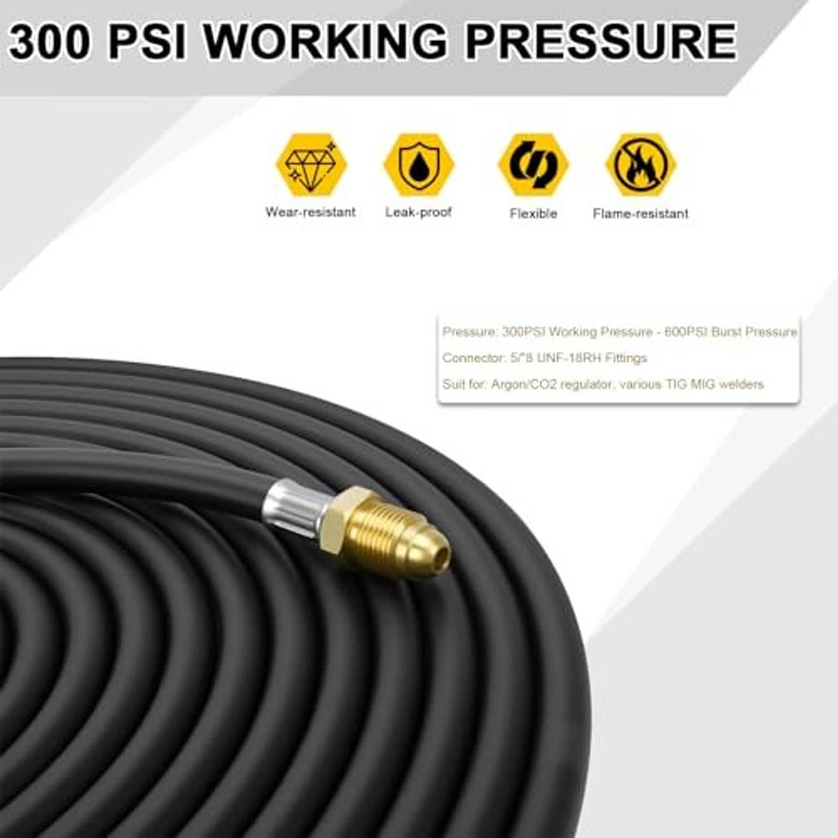 Black coiled welding gas hose with brass male connector and 5/8 in ends