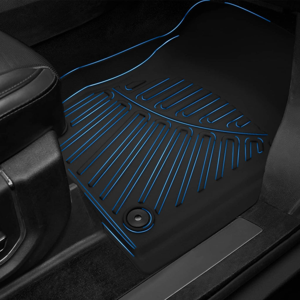 Black TPE floor mat with blue-highlighted channels and traction ridges