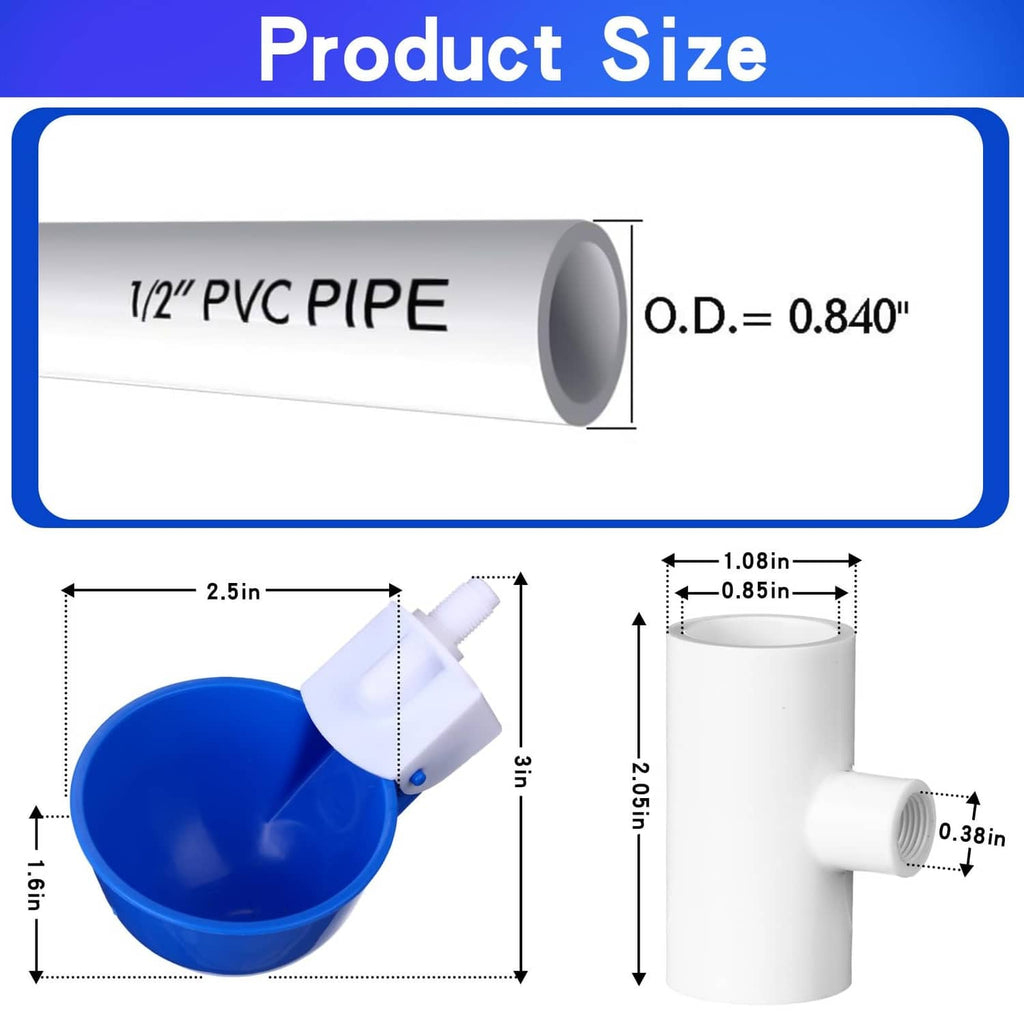 PVC chicken waterer pipe parts with blue cup and white elbow connector
