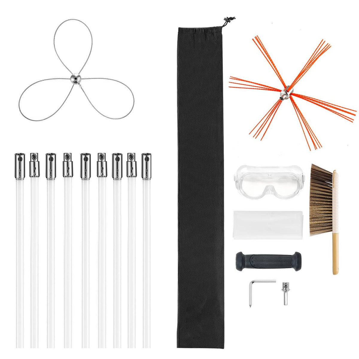 Chimney cleaning kit with dual brushes, protective goggles, rods, steering sleeve, and wrench