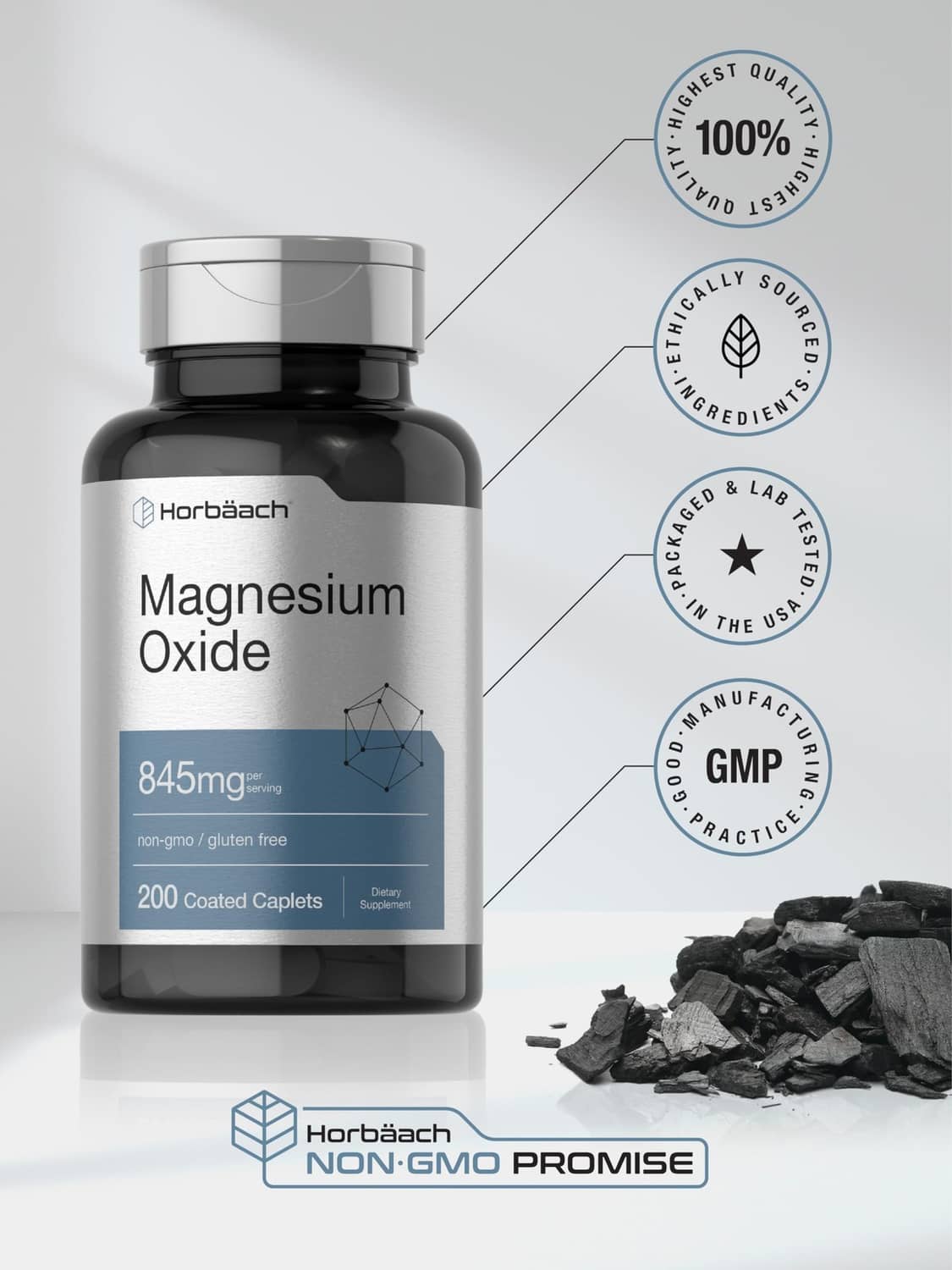 Magnesium oxide supplement bottle with 100% quality and GMP quality practice seals