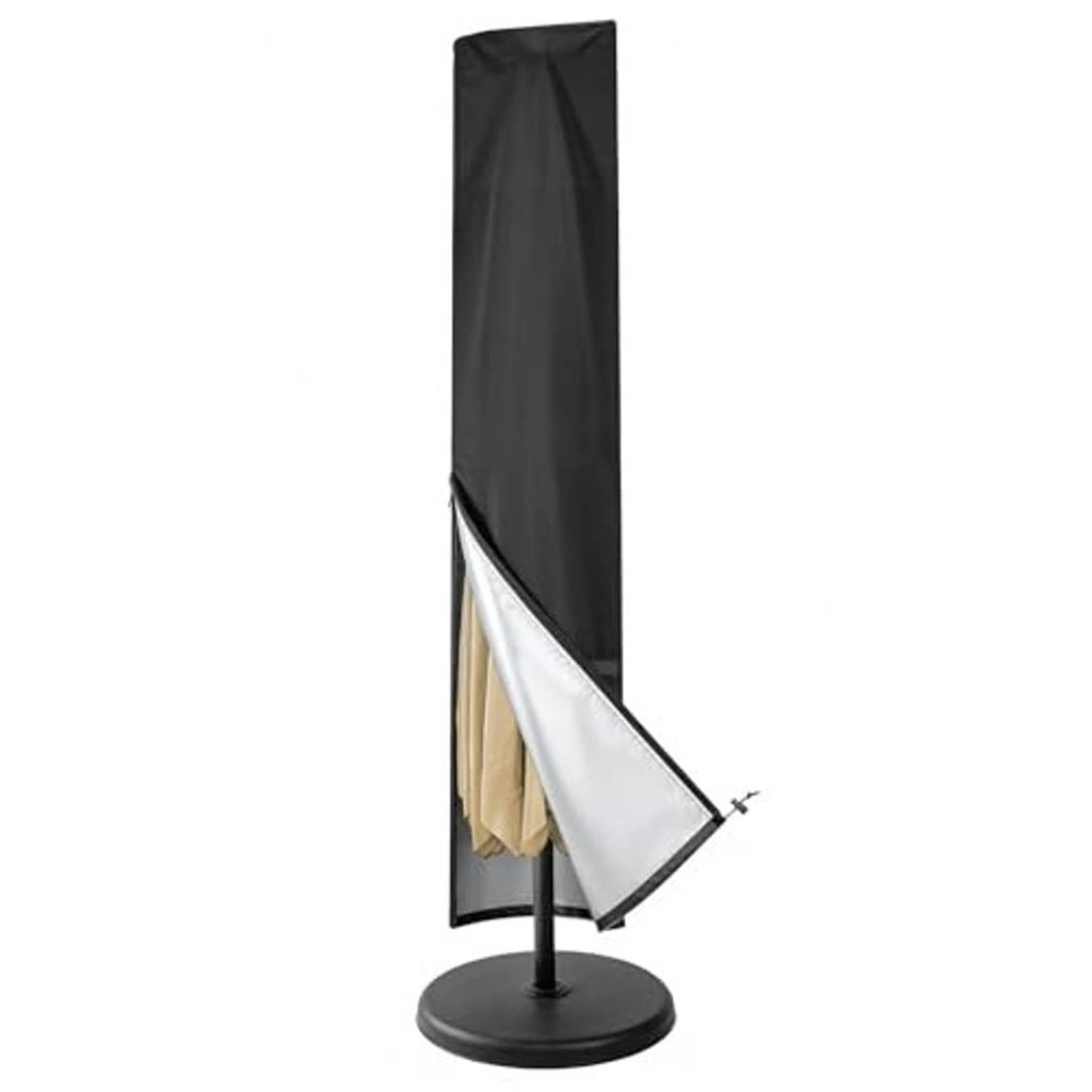 Black patio umbrella cover with white diagonal reinforcement and adjustable strap