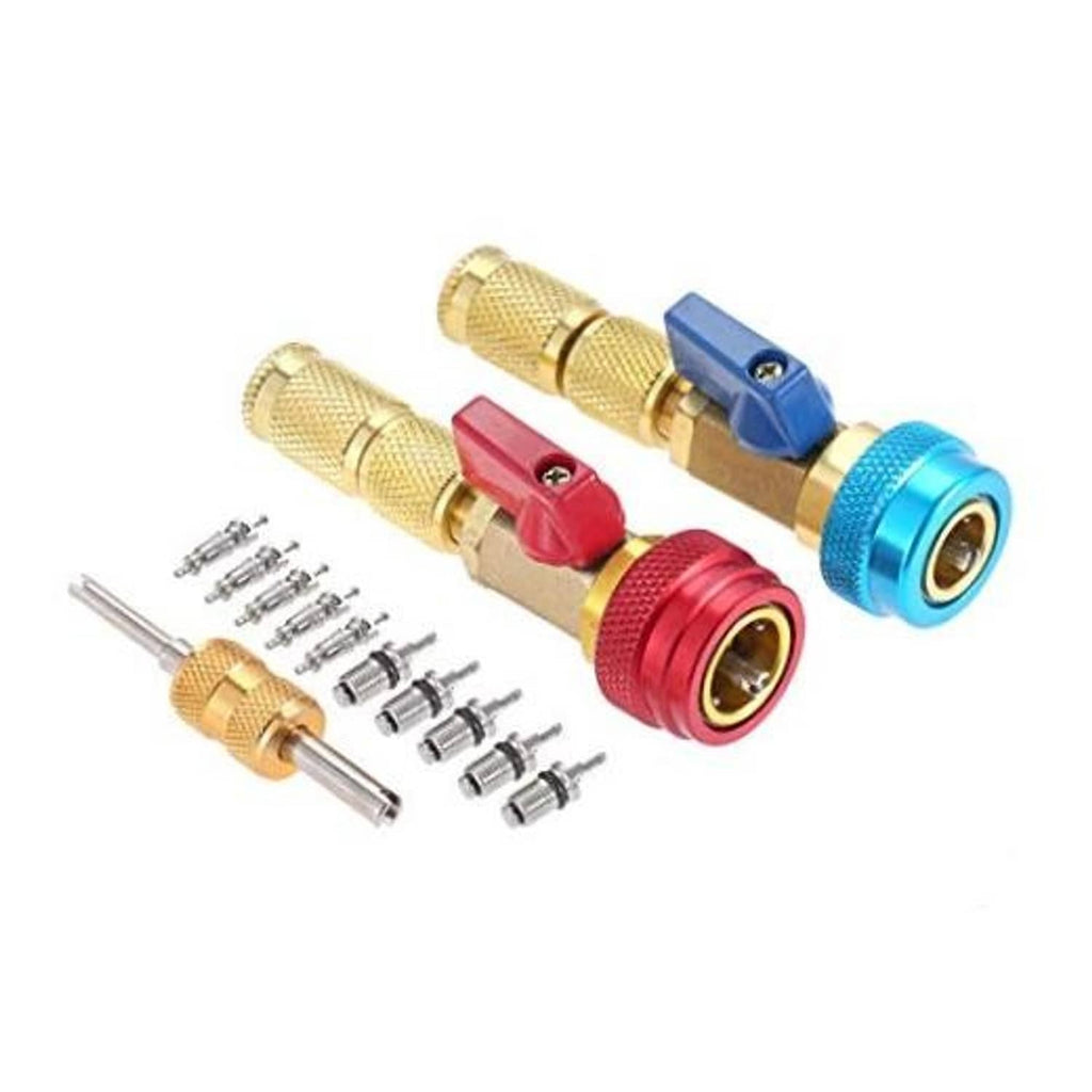 R134A valve core quick remover installer set with red and blue couplers and brass tool