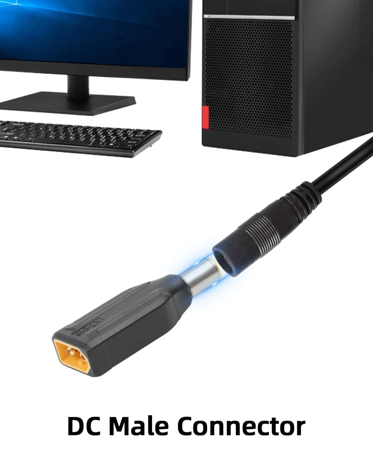 Black XT60 male to DC connector cable plug, metal shell, gold contacts