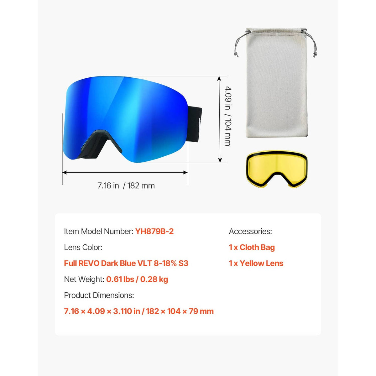 Blue mirrored ski goggles with cylindrical lens and black strap, plus yellow lens
