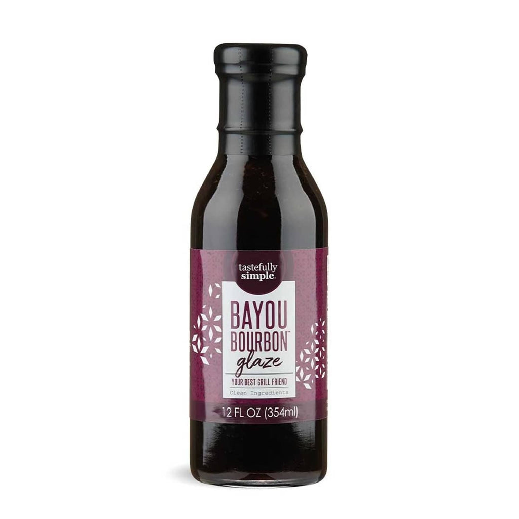 Tastefully Simple Bayou Bourbon glaze bottle, 12 fl oz, dark glass with Bayou label