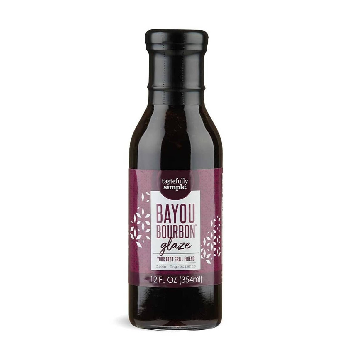 Tastefully Simple Bayou Bourbon glaze bottle, 12 fl oz, dark glass with Bayou label