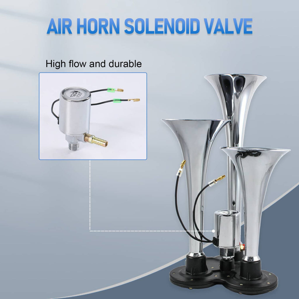 Dual air-horn solenoid valve assembly with polished trumpets and metal cylinder base