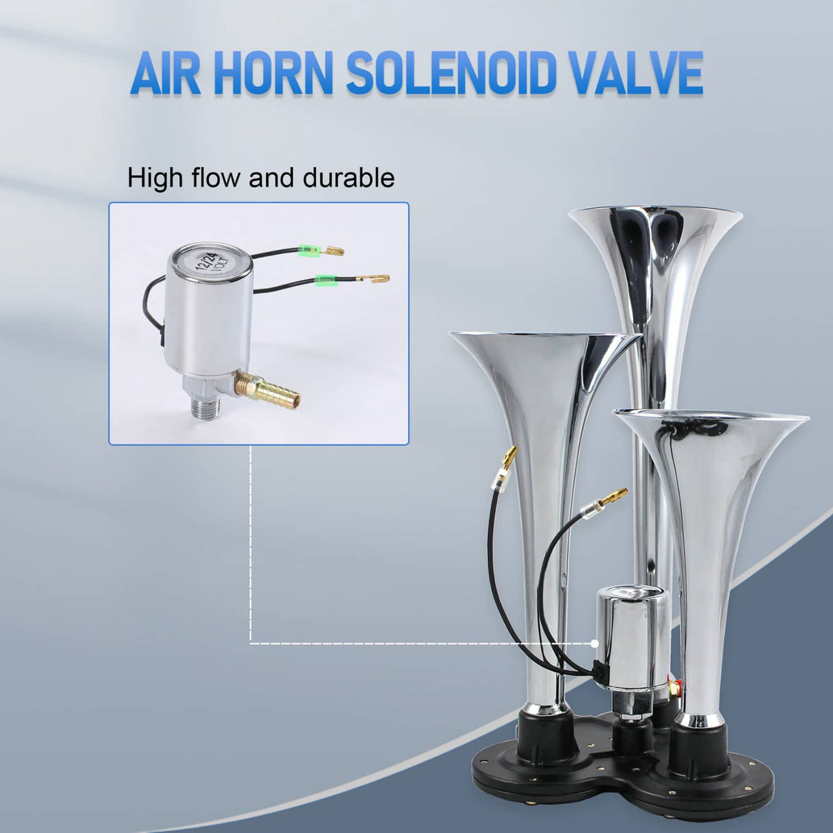 Dual air-horn solenoid valve assembly with polished trumpets and metal cylinder base