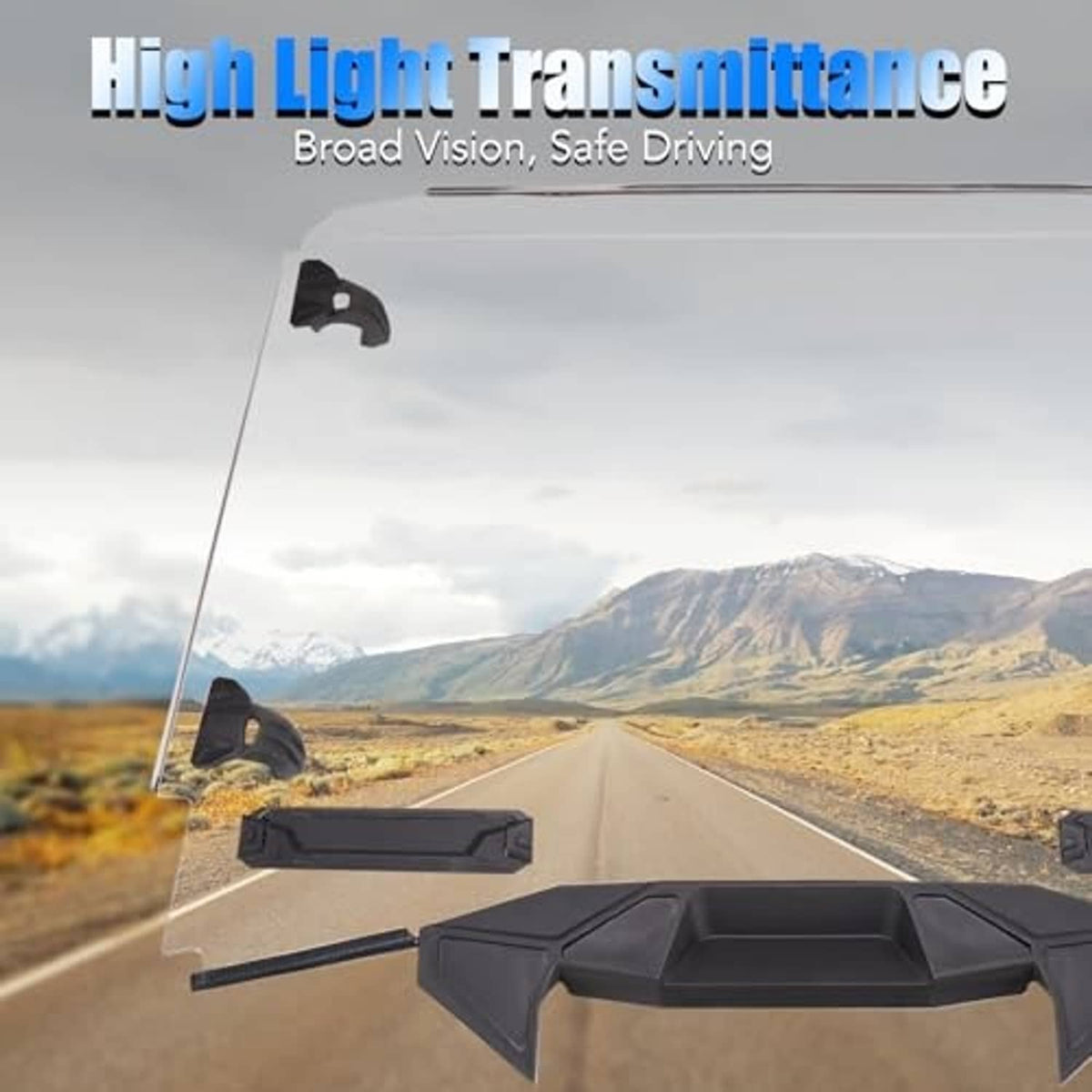 Vented full windshield with clear tinted panel and black vent fixtures for wide visibility
