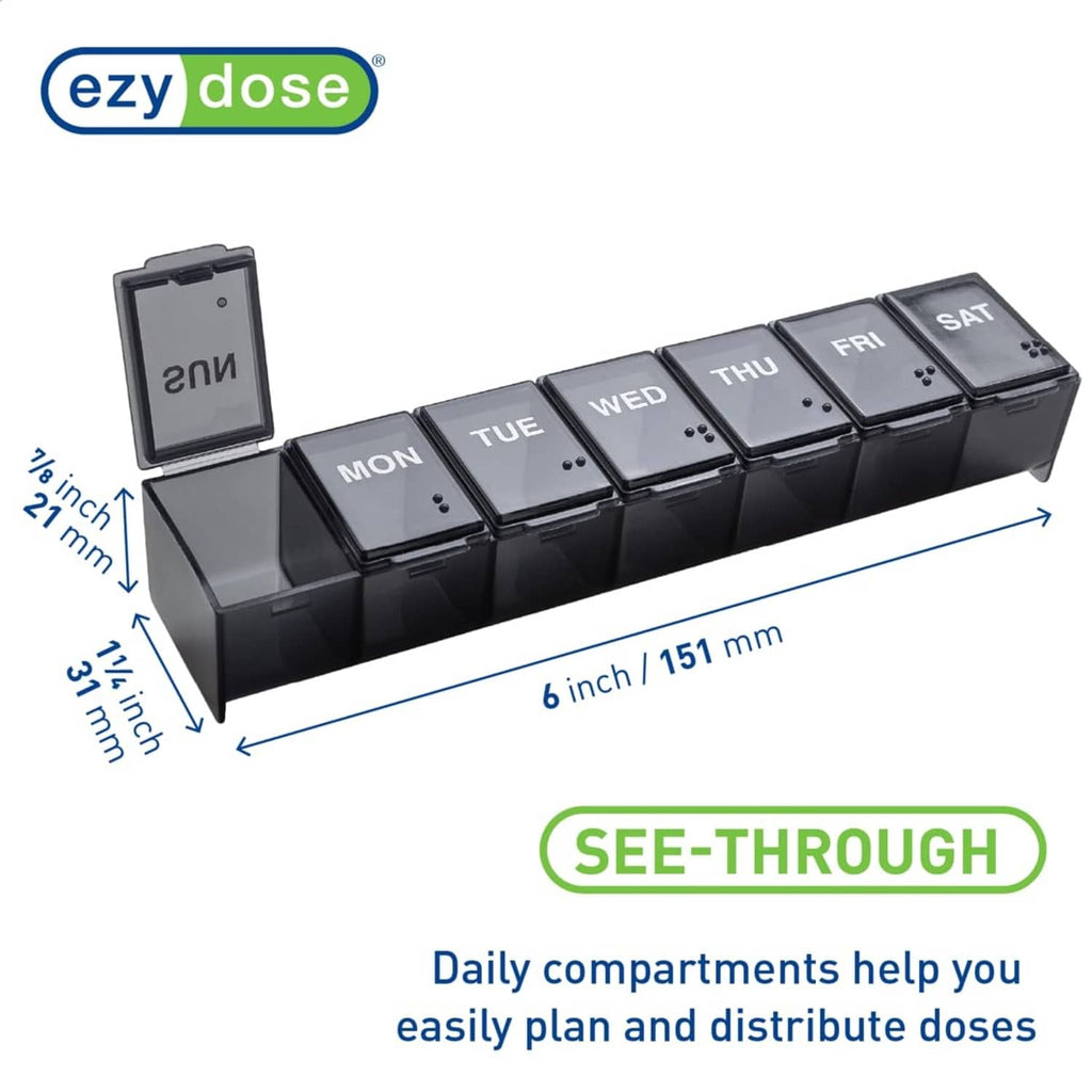Clear 7-day pill organizer with dark flip lids labeled Mon through Sat, see-through design