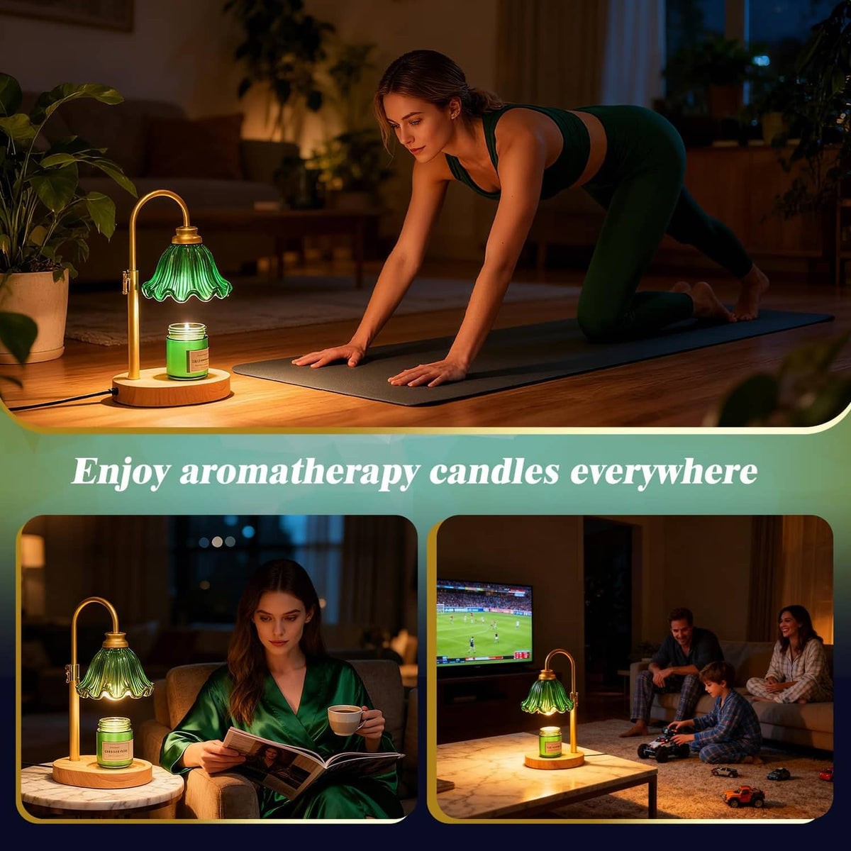 Green flower glass candle warmer lamp on round wooden base in a living room setting