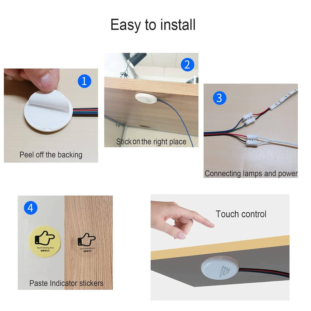 White touch dimmer switch with adhesive backing and installation indicator stickers