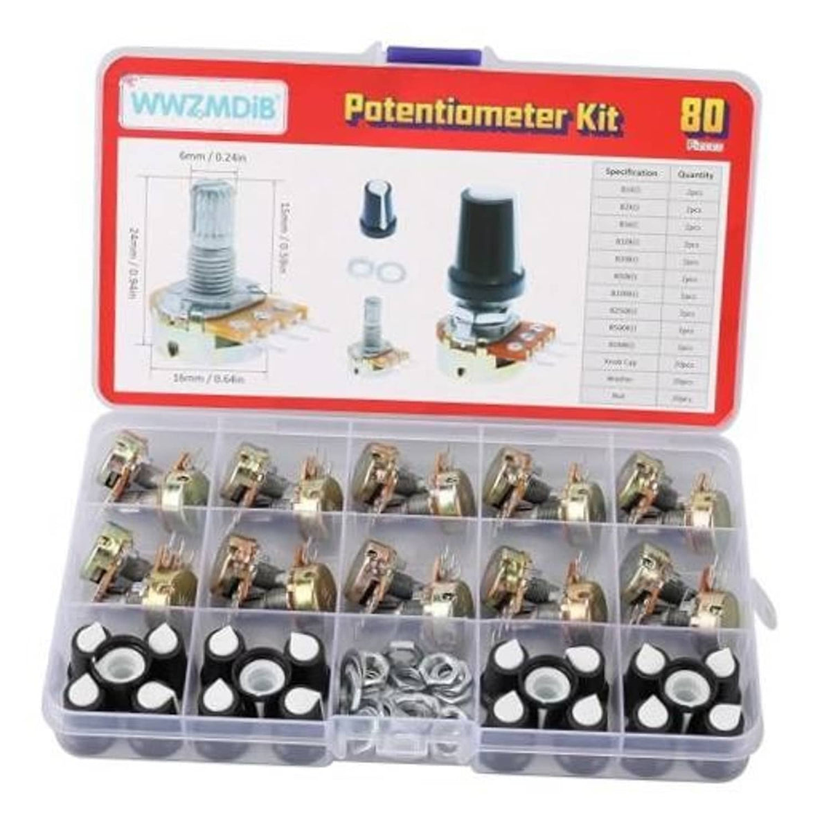 80-piece potentiometer kit with knobs, components in clear storage case