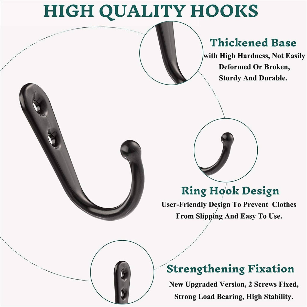 Black coat hook with thickened base and two mounting holes for durable wall attachment